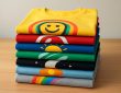 Stack of colorful custom printed t-shirts featuring various designs laid flat on a wooden surface.