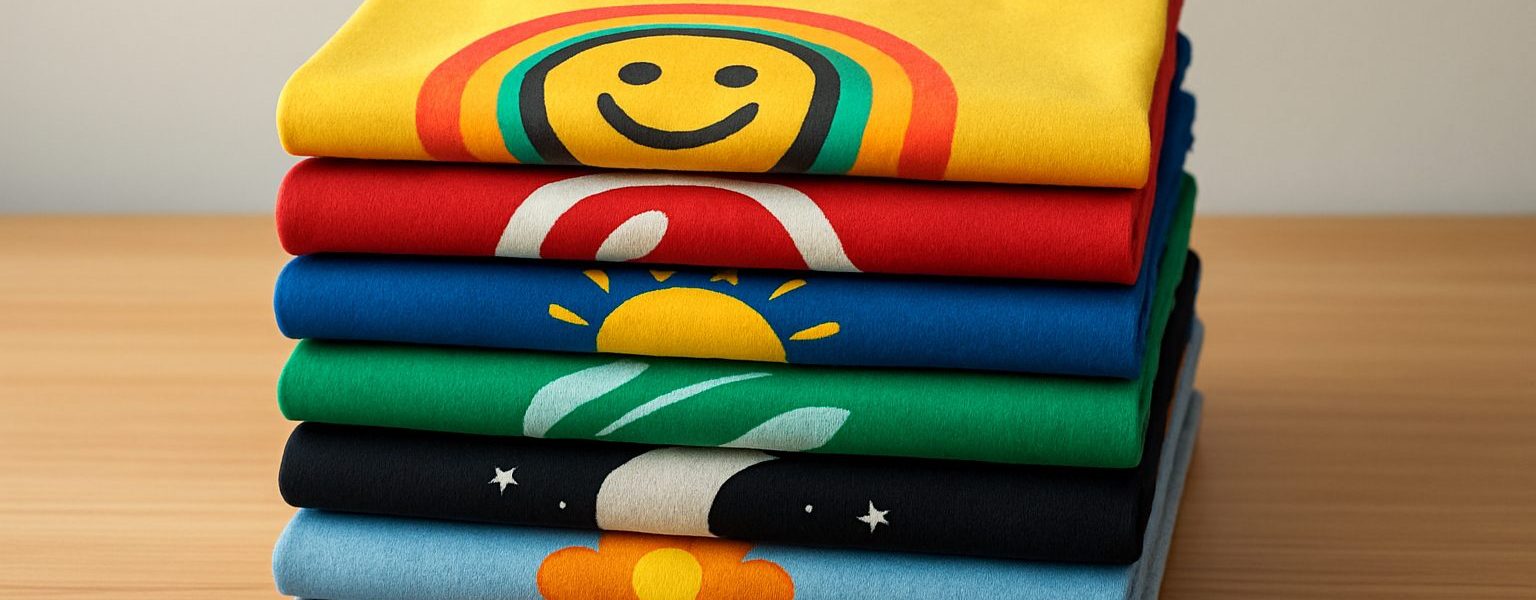 Stack of colorful custom printed t-shirts featuring various designs laid flat on a wooden surface.