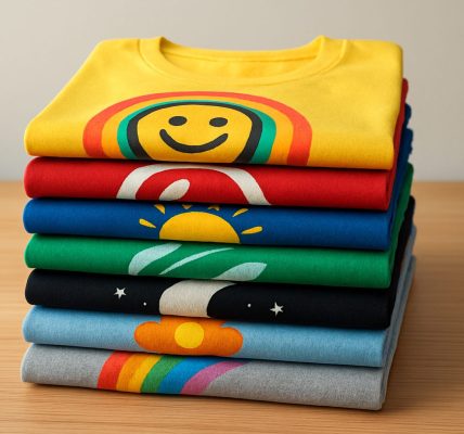 Stack of colorful custom printed t-shirts featuring various designs laid flat on a wooden surface.