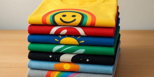 Stack of colorful custom printed t-shirts featuring various designs laid flat on a wooden surface.