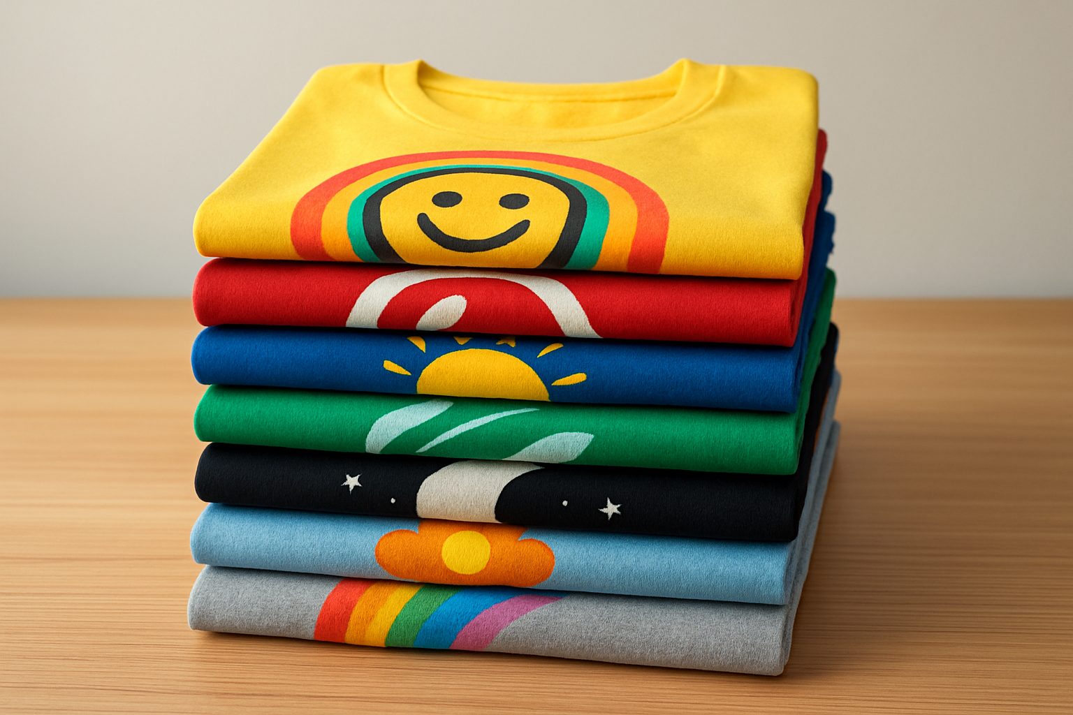 Stack of colorful custom printed t-shirts featuring various designs laid flat on a wooden surface.