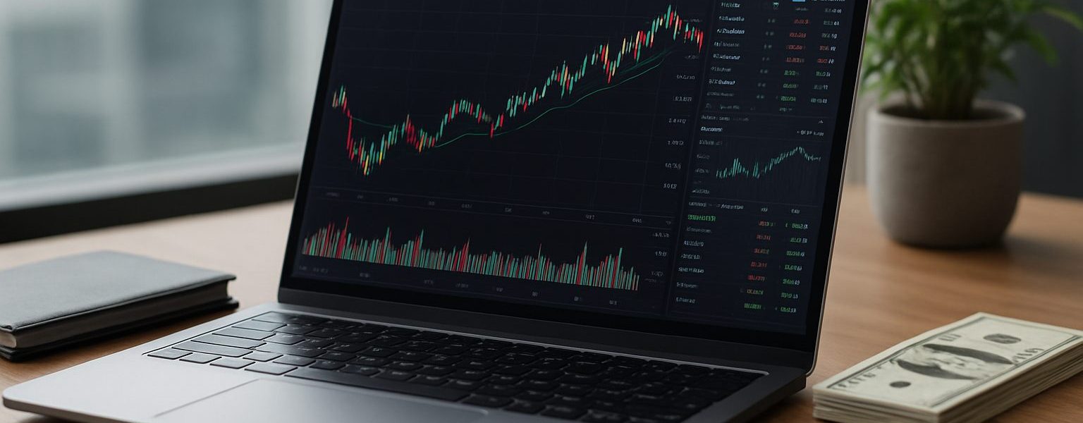 A laptop displaying trading charts on a wooden desk alongside a notebook, a smartphone, and some cash