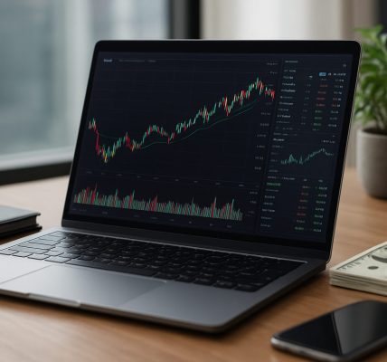 A laptop displaying trading charts on a wooden desk alongside a notebook, a smartphone, and some cash