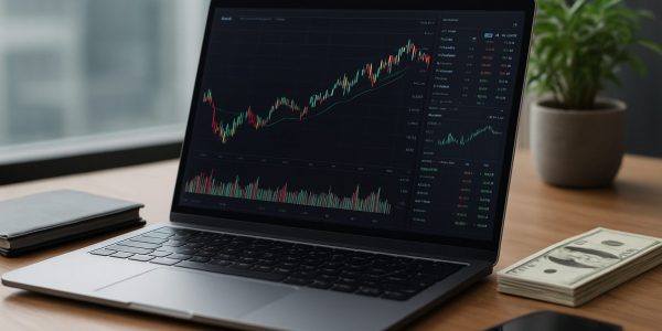A laptop displaying trading charts on a wooden desk alongside a notebook, a smartphone, and some cash