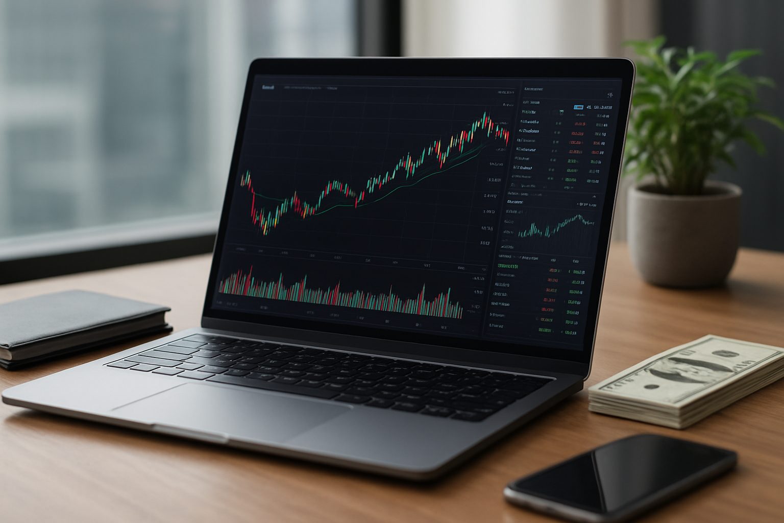 A laptop displaying trading charts on a wooden desk alongside a notebook, a smartphone, and some cash